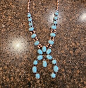 Turquoise and Copper Women's Necklace Squash Blossom